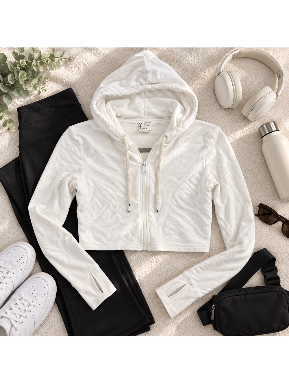 OFFLINE by Aerie White Cropped Full Zip Hoodie Thumbholes Size Small